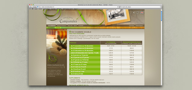 Page tarif du site de l'hotel Les Campanule